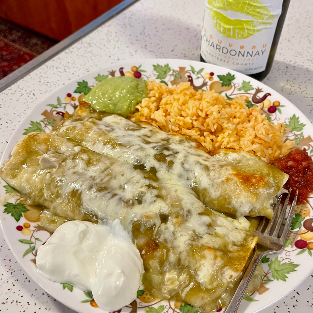 For a good time, just add wine and green chile chicken enchiladas!